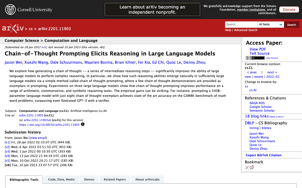 Chain-of-Thought Prompting 論文 arXiv 頁面截圖